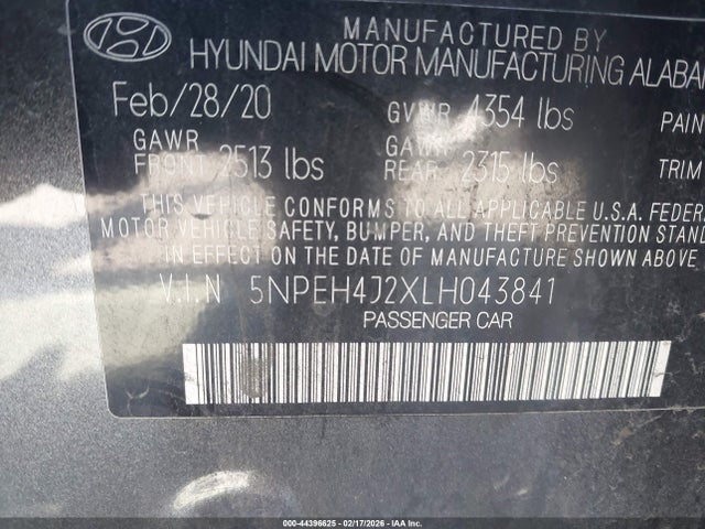 2020 Hyundai Sonata Limited მანქანა იყიდება აუქციონზე, vin: 5NPEH4J2XLH043841, აუქციონის ნომერი: 44396625