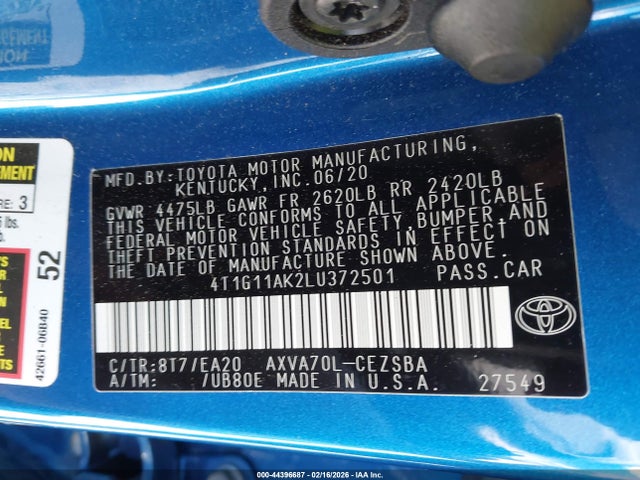 Toyota CAMRY SE 2020 4T1G11AK2LU372501 Image 9