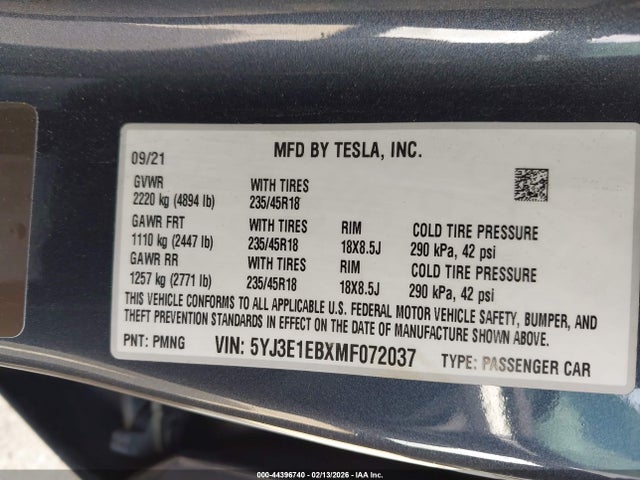 44396740 :رقم المزاد ، 5YJ3E1EBXMF072037 vin ، 2021 Tesla Model 3 Long Range Dual Motor All-wheel Drive مزاد بيع