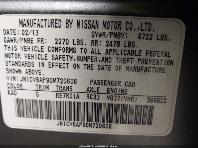 44396771 :رقم المزاد ، JN1CV6AP9DM720606 vin ، 2013 Infiniti G37 Journey مزاد بيع