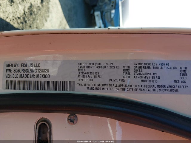 Продажа на аукционе авто 2022 Ram 2500 Limited Longhorn  4x4 6'4 Box, vin: 3C6UR5GL9NG128820, номер лота: 44396818