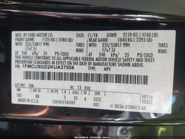 2019 Ford Escape Se მანქანა იყიდება აუქციონზე, vin: 1FMCU9GD2KUA37556, აუქციონის ნომერი: 44396819