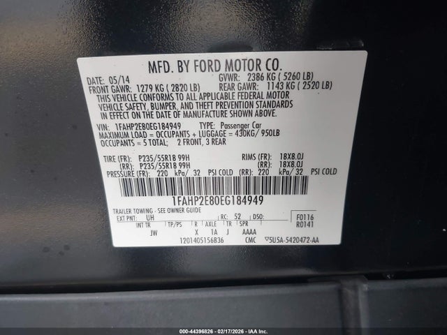 Ford TAURUS SEL 2014 1FAHP2E80EG184949 Image 9