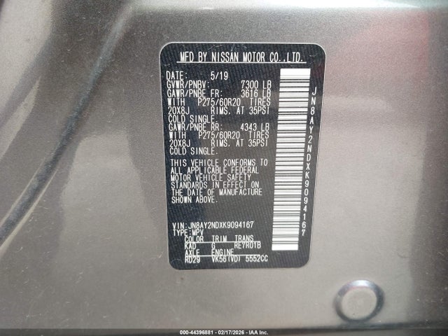Продаж на аукціоні авто 2019 Nissan Armada Sl, vin: JN8AY2NDXK9094167, номер лоту: 44396881