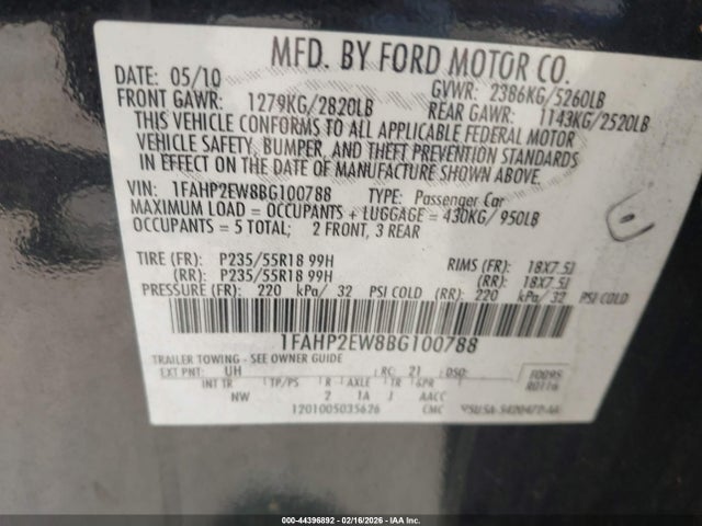 2011 FORD TAURUS 1FAHP2EW8BG100788 Photo 8