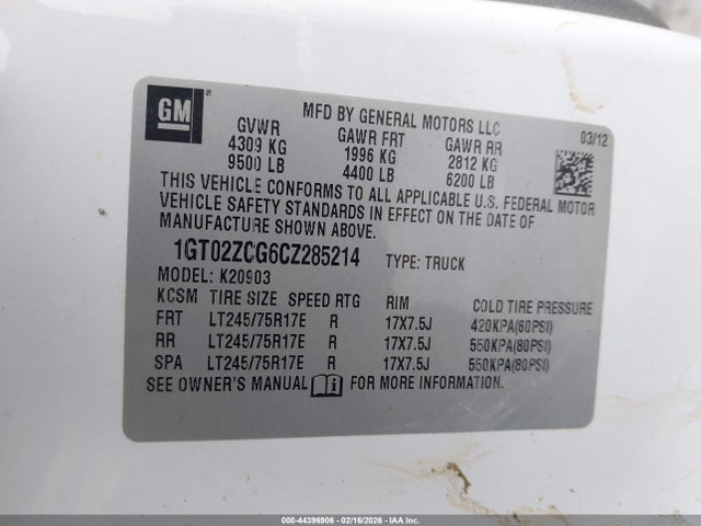 44396906 :رقم المزاد ، 1GT02ZCG6CZ285214 vin ، 2012 Gmc Sierra 2500hd Work Truck مزاد بيع