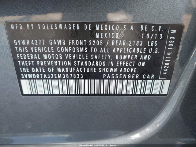 2014 Volkswagen Jetta 1.8t Se მანქანა იყიდება აუქციონზე, vin: 3VWD07AJ2EM387833, აუქციონის ნომერი: 44396947