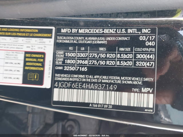 Aukcja sprzedaży 2017 Mercedes-benz Gls 450 4matic, vin: 4JGDF6EE4HA937149, numer aukcji: 44396967
