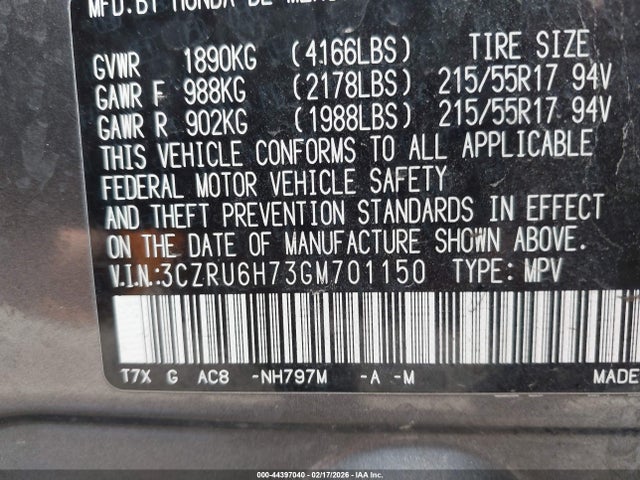 3CZRU6H73GM701150 Honda Hr-v Ex-l