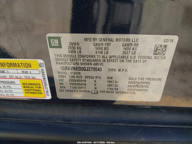 Aukcja sprzedaży 2016 Gmc Acadia Sle-1, vin: 1GKKVNED0GJ279543, numer aukcji: 44397046