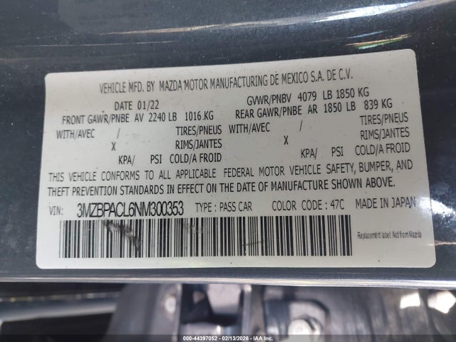 Продажа на аукционе авто 2022 Mazda Mazda3 Carbon Edition, vin: 3MZBPACL6NM300353, номер лота: 44397052