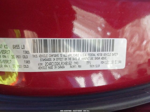 44397068 :رقم المزاد ، 2C4RC1DGXLR148162 vin ، 2020 Chrysler Voyager Lxi مزاد بيع