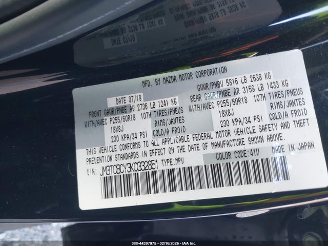 Aukcja sprzedaży 2019 Mazda Cx-9 Touring, vin: JM3TCBCY3K0332851, numer aukcji: 44397075