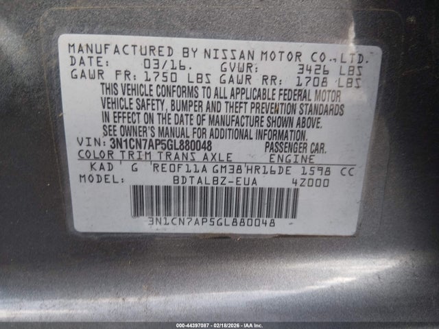 3N1CN7AP5GL880048 Nissan Versa 1.6 S/1.6 S+/1.6 Sl/1.6 Sv