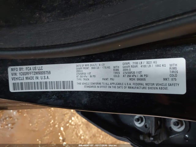 2021 Ram 1500 Big Horn  4x4 5'7 Box მანქანა იყიდება აუქციონზე, vin: 1C6SRFFT2MN809759, აუქციონის ნომერი: 44397107