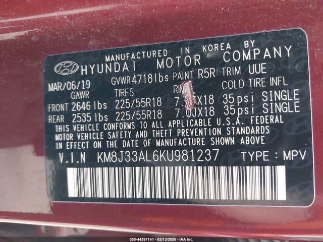 Aukcja sprzedaży 2019 Hyundai Tucson Sel, vin: KM8J33AL6KU981237, numer aukcji: 44397141