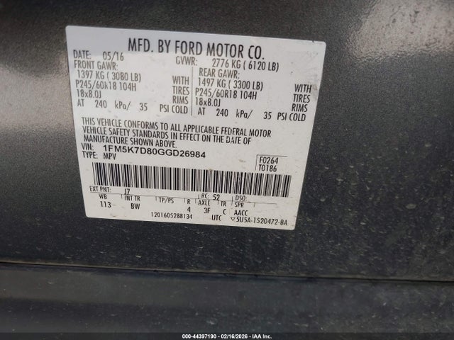 2016 Ford Explorer Xlt მანქანა იყიდება აუქციონზე, vin: 1FM5K7D80GGD26984, აუქციონის ნომერი: 44397190