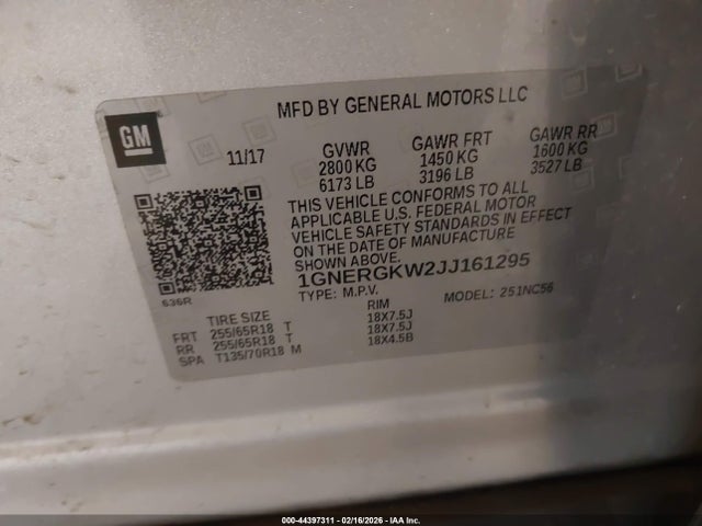 Aukcja sprzedaży 2018 Chevrolet Traverse 1lt, vin: 1GNERGKW2JJ161295, numer aukcji: 44397311
