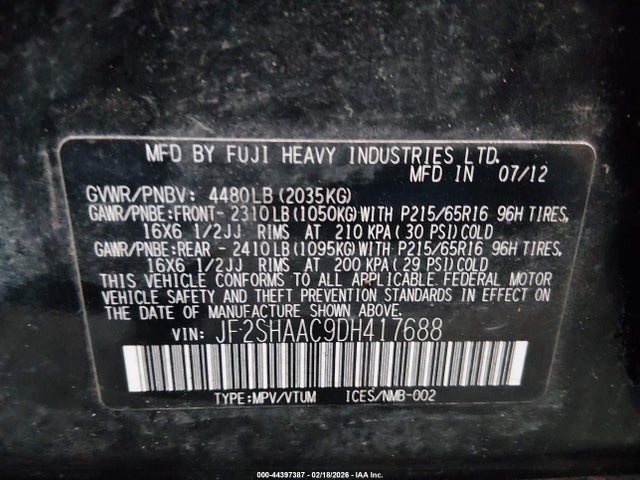 2013 Subaru Forester 2.5x მანქანა იყიდება აუქციონზე, vin: JF2SHAAC9DH417688, აუქციონის ნომერი: 44397387