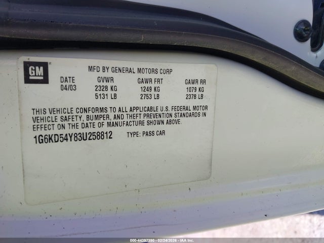 Продаж на аукціоні авто 2003 Cadillac Deville Standard, vin: 1G6KD54Y83U258812, номер лоту: 44397390
