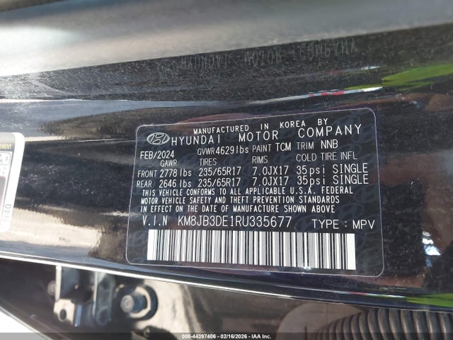 44397406 :رقم المزاد ، KM8JB3DE1RU335677 vin ، 2024 Hyundai Tucson Sel مزاد بيع