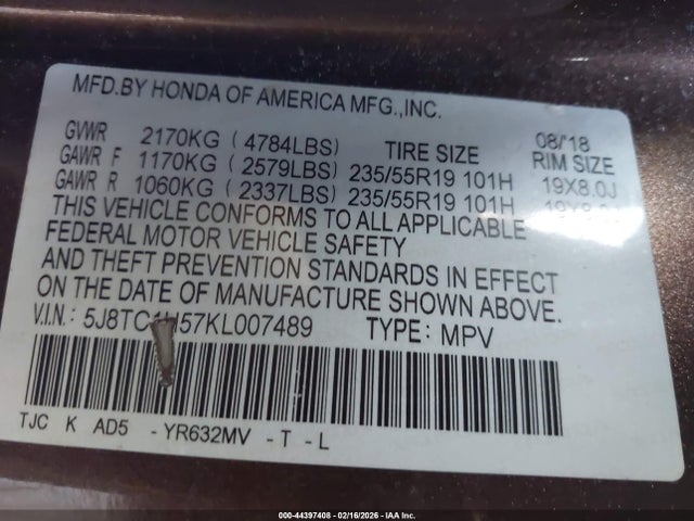 44397408 :رقم المزاد ، 5J8TC1H57KL007489 vin ، 2019 Acura Rdx Technology Package مزاد بيع