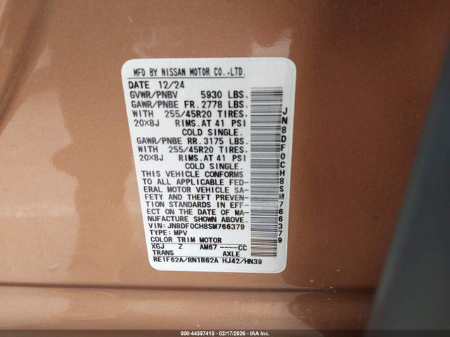 44397410 :رقم المزاد ، JN8DF0CH8SM766379 vin ، 2025 Nissan Ariya Platinum+ مزاد بيع