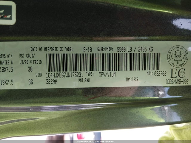 Продажа на аукционе авто 2018 Jeep Wrangler Unlimited Sahara, vin: 1C4HJXEG7JW175231, номер лота: 44397425