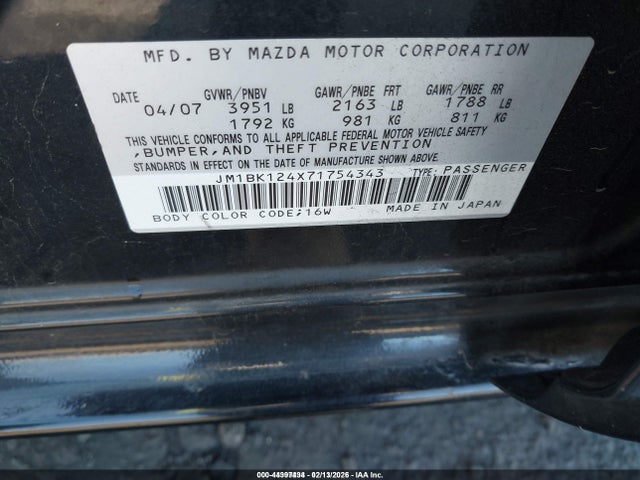 44397434 :رقم المزاد ، JM1BK124X71754343 vin ، 2007 Mazda Mazda3 S Sport مزاد بيع