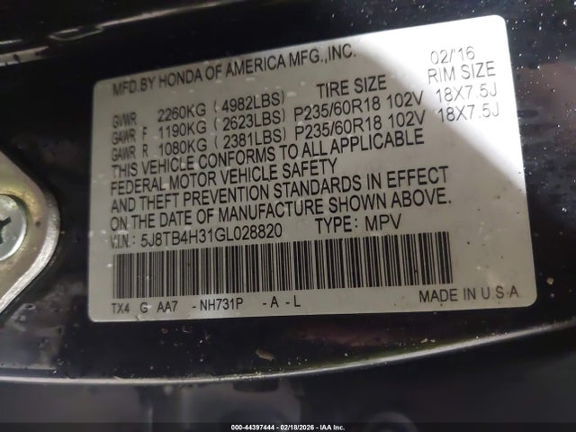 Aukcja sprzedaży 2016 Acura Rdx Acurawatch Plus Package, vin: 5J8TB4H31GL028820, numer aukcji: 44397444