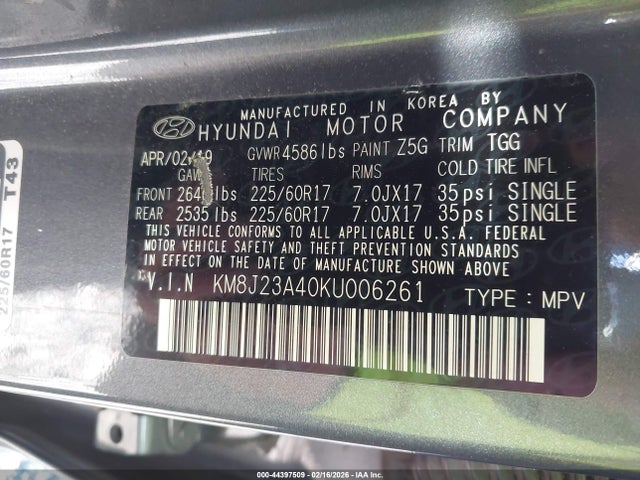 KM8J23A40KU006261 Hyundai TUCSON SE