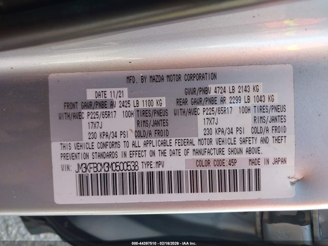 44397510 :رقم المزاد ، JM3KFBCM3M0500538 vin ، 2021 Mazda Cx-5 Touring مزاد بيع