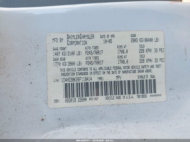 44397511 :رقم المزاد ، 1D4HD38K26F118414 vin ، 2006 Dodge Durango Sxt مزاد بيع
