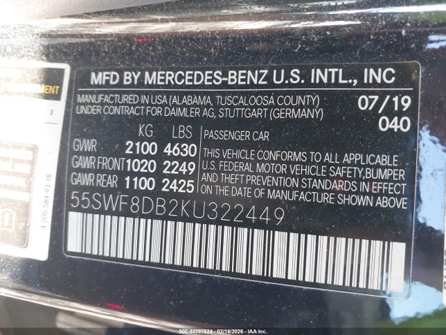 Aukcja sprzedaży 2019 Mercedes-benz C 300, vin: 55SWF8DB2KU322449, numer aukcji: 44397524