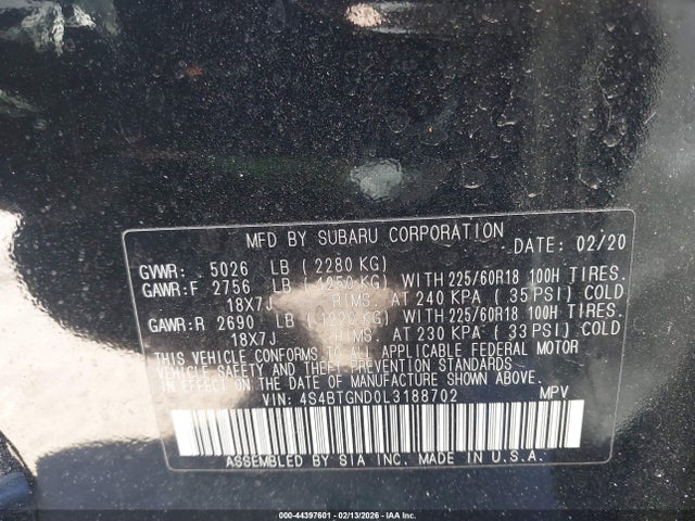 Aukcja sprzedaży 2020 Subaru Outback Limited Xt, vin: 4S4BTGND0L3188702, numer aukcji: 44397601