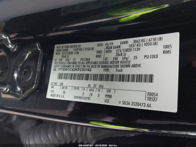 2019 Ford F-150 Xl მანქანა იყიდება აუქციონზე, vin: 1FTEW1C42KFC03142, აუქციონის ნომერი: 44397637