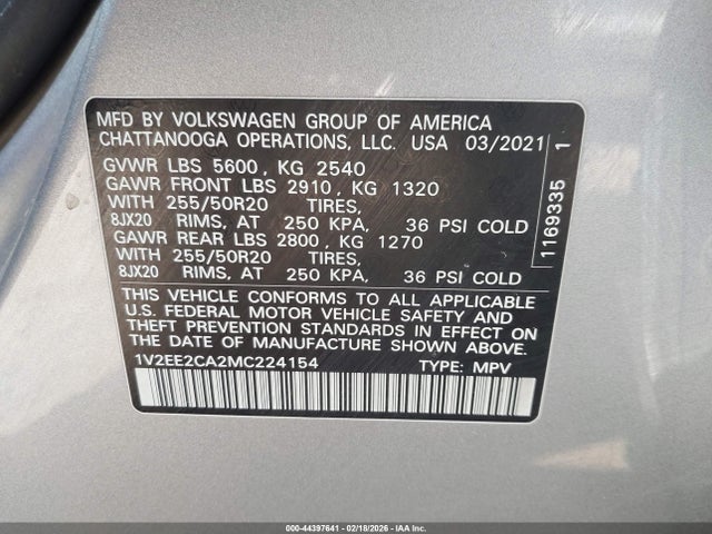 2021 Volkswagen Atlas Cross Sport 3.6l V6 Sel მანქანა იყიდება აუქციონზე, vin: 1V2EE2CA2MC224154, აუქციონის ნომერი: 44397641