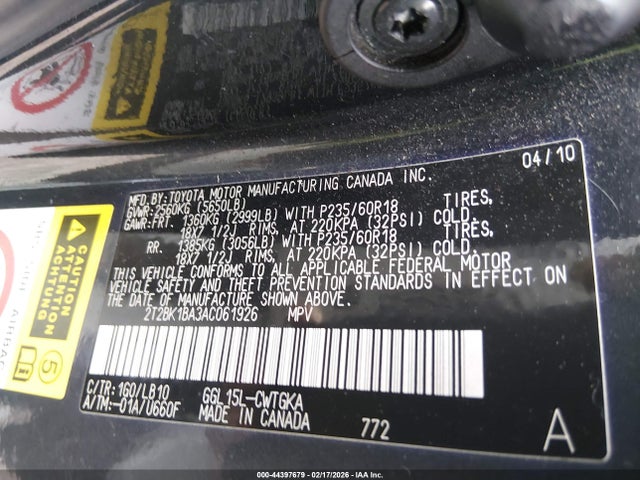 44397679 :رقم المزاد ، 2T2BK1BA3AC061926 vin ، 2010 Lexus Rx 350 مزاد بيع