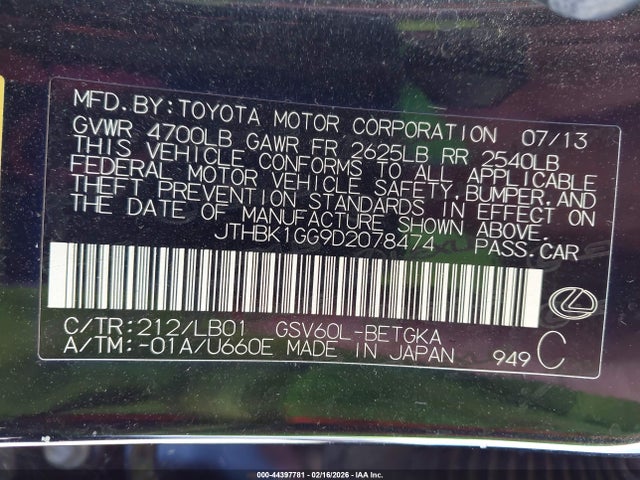 Продаж на аукціоні авто 2013 Lexus Es 350, vin: JTHBK1GG9D2078474, номер лоту: 44397781