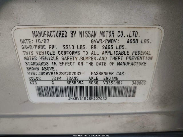 Aukcja sprzedaży 2008 Infiniti G35 Journey, vin: JNKBV61E28M207032, numer aukcji: 44397791