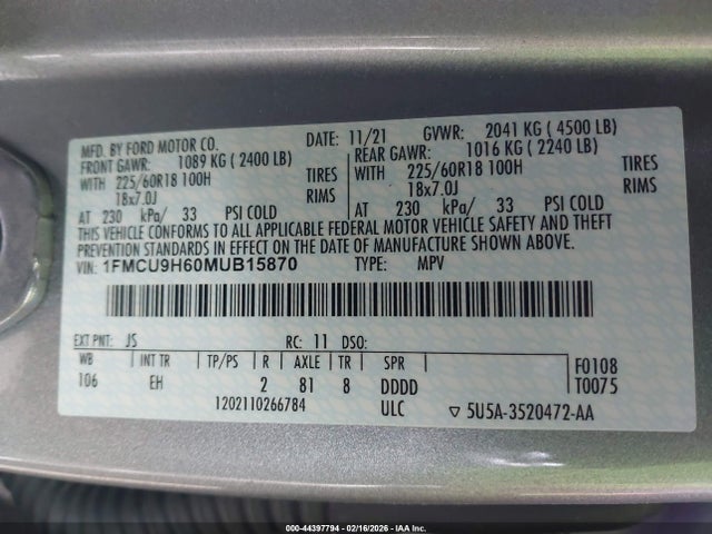 1FMCU9H60MUB15870 Ford ESCAPE SEL