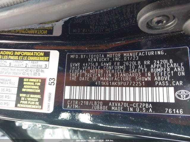 Aukcja sprzedaży 2023 Toyota Camry Xse, vin: 4T1K61AK9PU772251, numer aukcji: 44397797