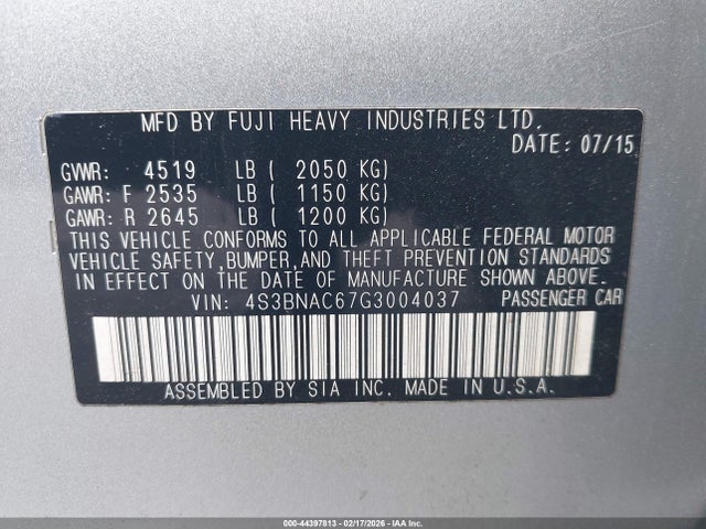 44397813 :رقم المزاد ، 4S3BNAC67G3004037 vin ، 2016 Subaru Legacy 2.5i Premium مزاد بيع