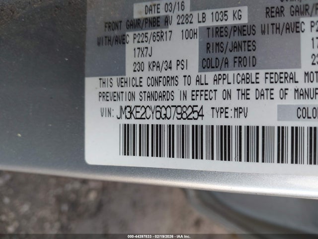 44397833 :رقم المزاد ، JM3KE2CY6G0798254 vin ، 2016 Mazda Cx-5 Touring مزاد بيع