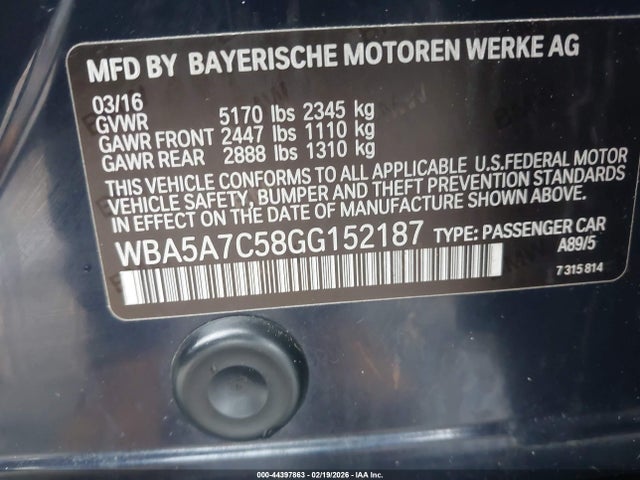 44397863 :رقم المزاد ، WBA5A7C58GG152187 vin ، 2016 Bmw 528i Xdrive مزاد بيع