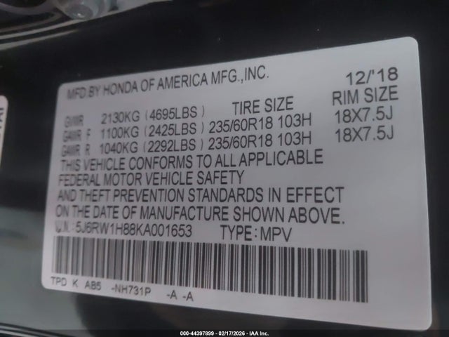 44397899 :رقم المزاد ، 5J6RW1H88KA001653 vin ، 2019 Honda Cr-v Ex-l مزاد بيع