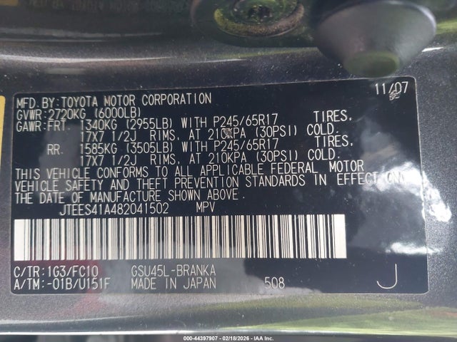 44397907 :رقم المزاد ، JTEES41A482041502 vin ، 2008 Toyota Highlander مزاد بيع