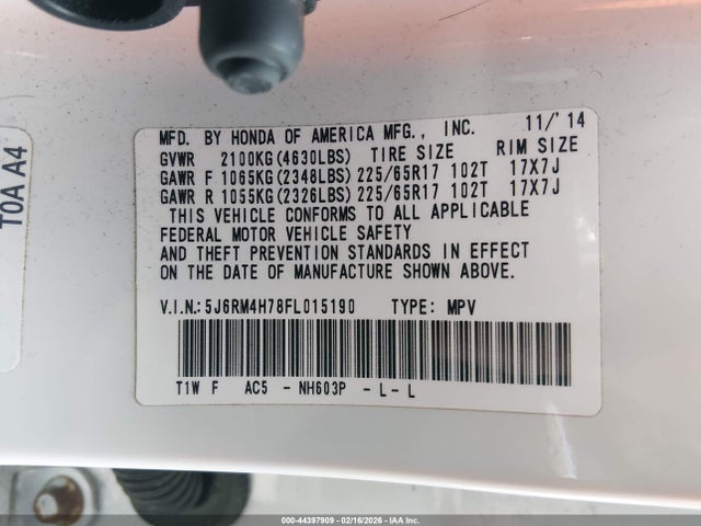 Honda Cr-v Ex-l 2015 5J6RM4H78FL015190 Image 9