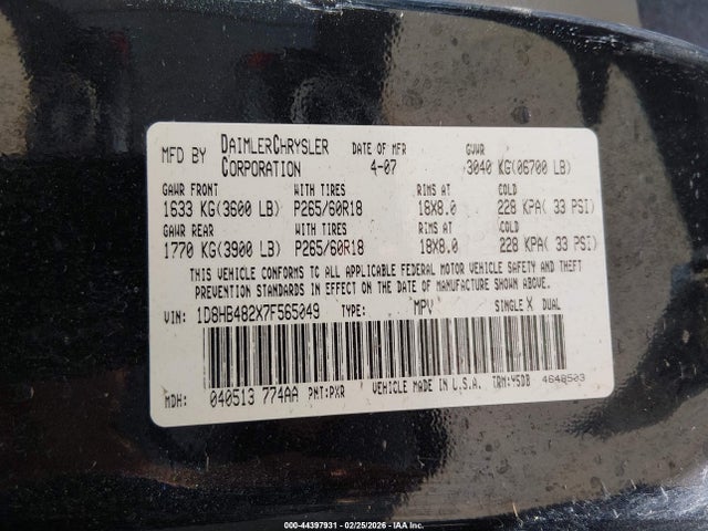 Продажа на аукционе авто 2007 Dodge Durango Slt, vin: 1D8HB482X7F565049, номер лота: 44397931