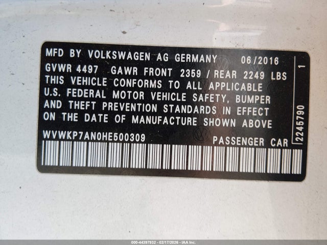 2017 Volkswagen Cc 2.0t Sport მანქანა იყიდება აუქციონზე, vin: WVWKP7AN0HE500309, აუქციონის ნომერი: 44397932